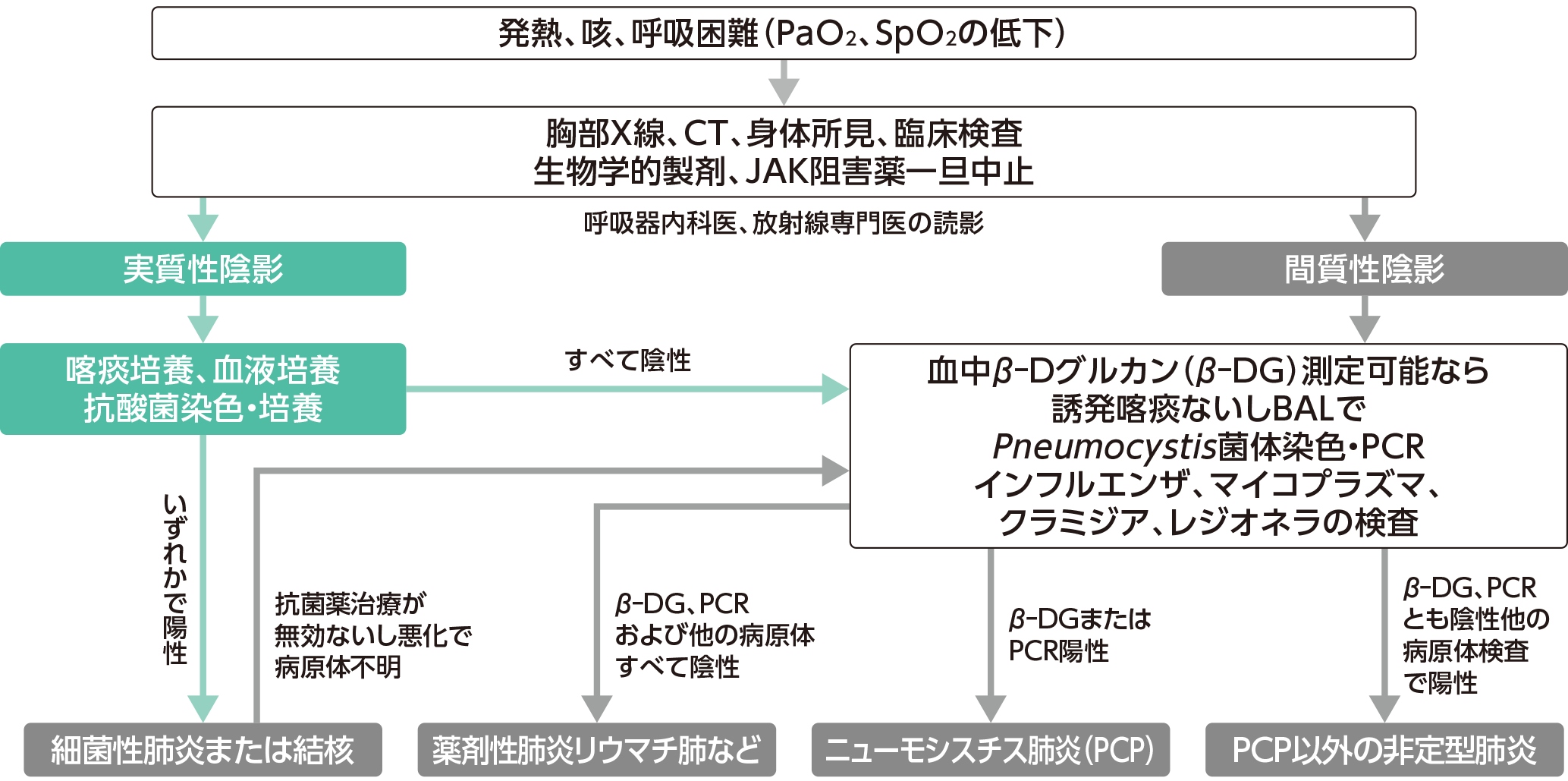 生物学的製剤、JAK阻害薬投与中における発熱、咳、呼吸困難に対するフローチャート